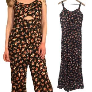 Farm Rio Jumpsuit Ditsy Floral Rose Print Wide Leg Cutout Bodice Black Womens 6